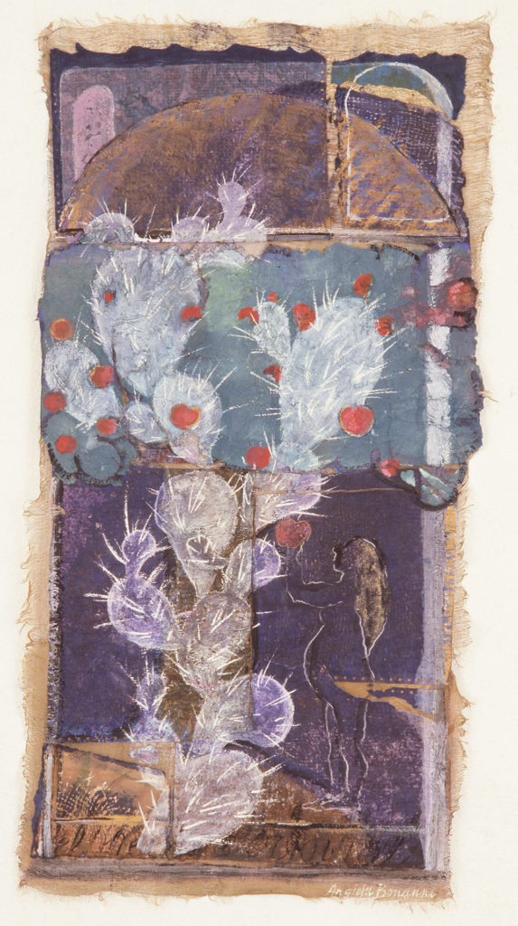 Retablo del pecado original nº 1. Collage de papel y témpera sobre gasa. 100×40 cm. 1986
