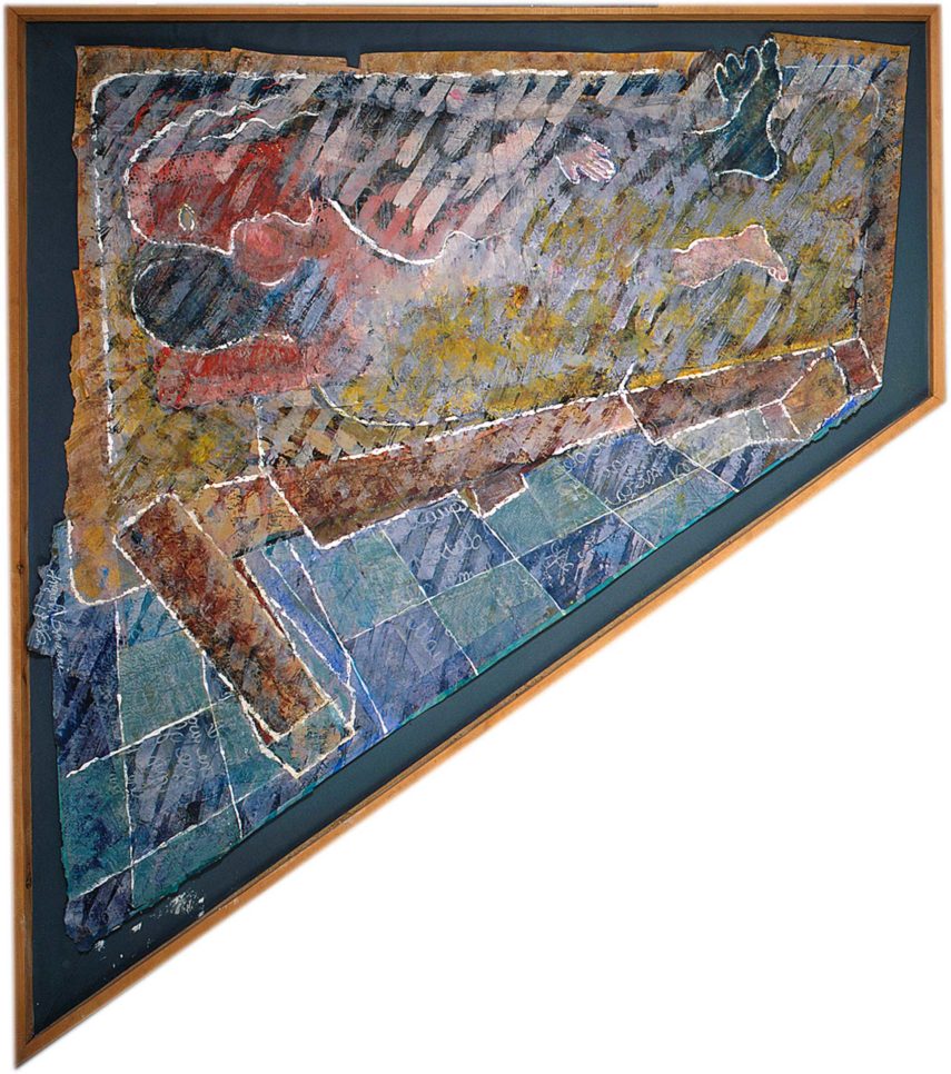 Cama y familia. Betún, pastel y acrílico sobre papel. 227x203 cm. 1986
