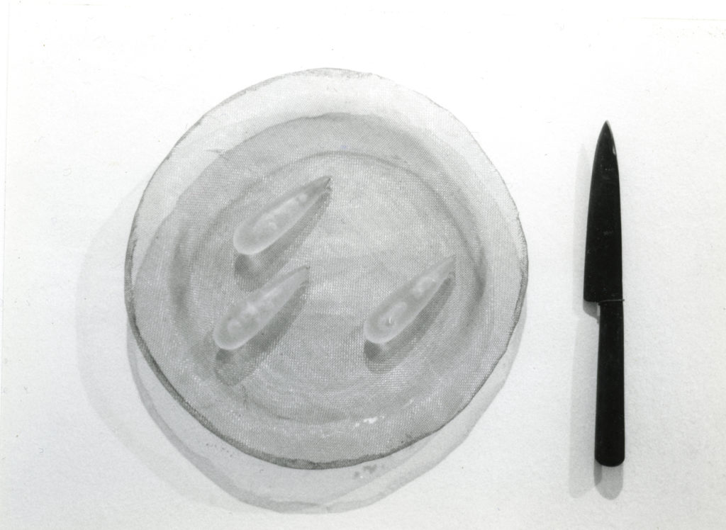 Plato y lágrimas. Cuchillo, tela metálica y metacrilato. 20 cm. de diámetro. 1990 - 1996