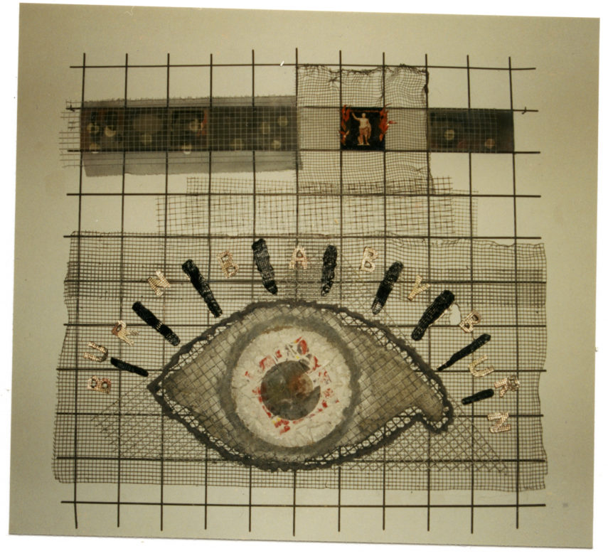 Tríptico "Eyes". / Burn, Baby, Burn. Textiles, hierro, alquitrán y fotografía. 140x140 cm. 1991 - 1993