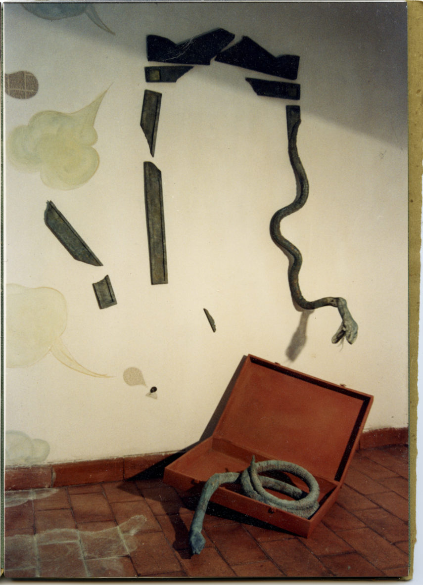 Detalle de "La caja de Pandora". Fibra de vidrio, papel de periódico, fotografía plastificada, madera, pintura. Dimensiones variables. Maleta 57x39x12 cm. 1991