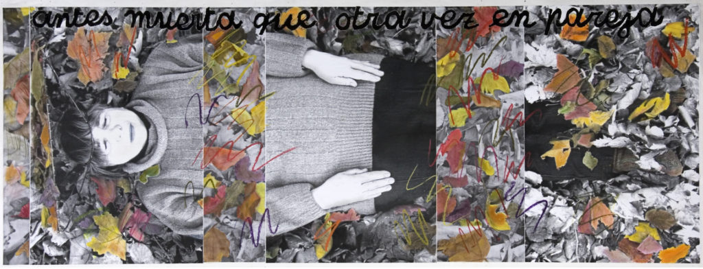 Antes muerta que en pareja. Collage de infografía y pastel sobre papel. 77x203 cm. 2006