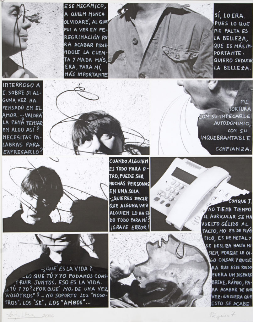 Malina, historia de un desamor. Página 7. Collage de infografía, grafito y rotulador blanco sobre papel. 127x100 cm. 2006